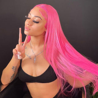 EXTRA LONG Length | 34 Inch | T-Part | 180 Density | Straight Hair | Pink Human Hair | - Elite Wigs