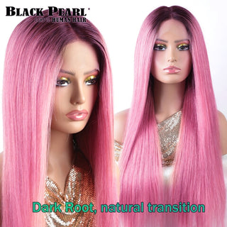 SHOULDER Length | 14-16 Inch | T-Part | Ombre | 180 Density | Straight Hair | Bubblegum Pink & Brown Roots Human Hair |