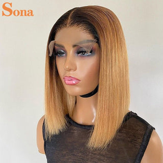 BOB CUT | 10-12 Inch | Black Roots | Ombre | 180 Density | Straight Hair | Honey Blonde Human Hair | - Elite Wigs