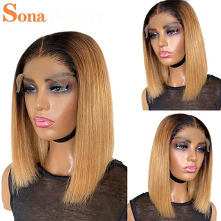BOB CUT | 10-12 Inch | Black Roots | Ombre | 180 Density | Straight Hair | Honey Blonde Human Hair | - Elite Wigs