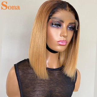 BOB CUT | 10-12 Inch | Black Roots | Ombre | 180 Density | Straight Hair | Honey Blonde Human Hair | - Elite Wigs