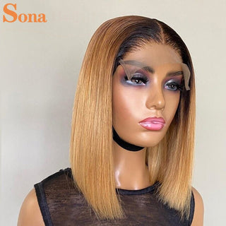 BOB CUT | 10-12 Inch | Black Roots | Ombre | 180 Density | Straight Hair | Honey Blonde Human Hair | - Elite Wigs
