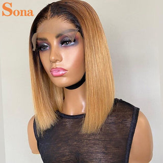 BOB CUT | 10-12 Inch | Black Roots | Ombre | 180 Density | Straight Hair | Honey Blonde Human Hair | - Elite Wigs