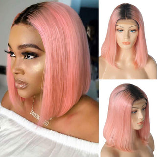 BOB CUT | 10-12 Inch | Ombre | 180 Density | Straight Hair | Light Pink Black Roots Human Hair | - Elite Wigs