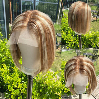 BOB CUT | 10-12 Inch | T-Part | Brown Roots | Ombre | 180 Density | Straight Hair | 613 Blonde Human Hair | - Elite Wigs