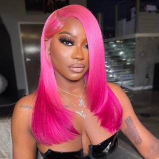 BOB CUT | 12 Inch | 250 Density | Straight Hair | Hot Pink Human Hair | - Elite Wigs