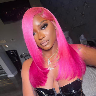 BOB CUT | 12 Inch | 250 Density | Straight Hair | Hot Pink Human Hair | - Elite Wigs
