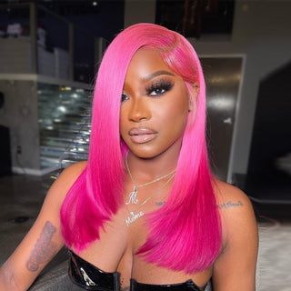 BOB CUT | 12 Inch | 250 Density | Straight Hair | Hot Pink Human Hair | - Elite Wigs