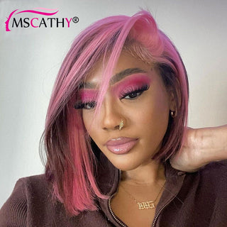 BOB CUT | 8-10 Inch | Peekaboo | 180 Density | Straight Hair | Fuchsia Pink & Purple Human Hair | - Elite Wigs