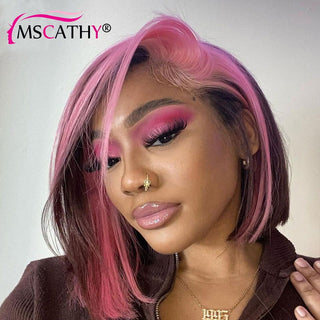 BOB CUT | 8-10 Inch | Peekaboo | 180 Density | Straight Hair | Fuchsia Pink & Purple Human Hair | - Elite Wigs