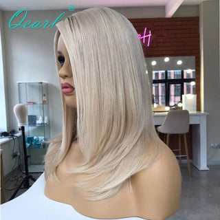 BOB CUT | 8-10 Inch | T-Part | Black Roots | Ombre | 180 Density | Straight Hair | Platinum Blonde Human Hair | - Elite Wigs