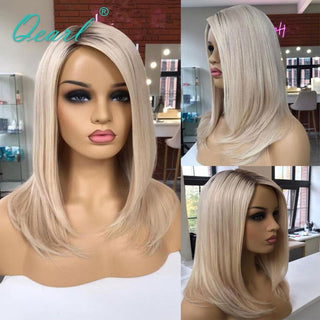 BOB CUT | 8-10 Inch | T-Part | Black Roots | Ombre | 180 Density | Straight Hair | Platinum Blonde Human Hair | - Elite Wigs