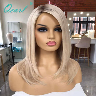 BOB CUT | 8-10 Inch | T-Part | Black Roots | Ombre | 180 Density | Straight Hair | Platinum Blonde Human Hair | - Elite Wigs