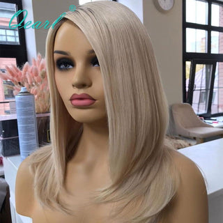BOB CUT | 8-10 Inch | T-Part | Black Roots | Ombre | 180 Density | Straight Hair | Platinum Blonde Human Hair | - Elite Wigs
