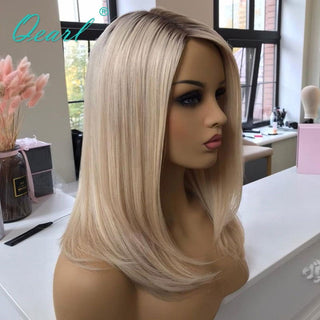 BOB CUT | 8-10 Inch | T-Part | Black Roots | Ombre | 180 Density | Straight Hair | Platinum Blonde Human Hair | - Elite Wigs