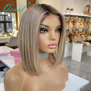 BOB CUT | 8-12 Inch | 180 Density | Straight Hair | Balayge | Light Ash Blonde Human Hair | - Elite Wigs