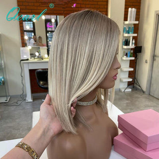BOB CUT | 8-12 Inch | 180 Density | Straight Hair | Balayge | Light Ash Blonde Human Hair | - Elite Wigs
