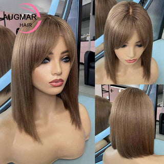 BOB CUT | 8-12 Inch | Highlights | 180 Density | Straight Hair | Light Ash Brown Human Hair | - Elite Wigs