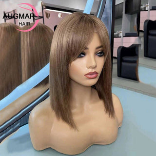 BOB CUT | 8-12 Inch | Highlights | 180 Density | Straight Hair | Light Ash Brown Human Hair | - Elite Wigs