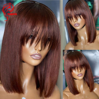 BOB CUT | 8-12 Inch | Highlights | Pixie | 180 Density | Straight Hair | Chocolate Brown with Ginger Honey Human Hair | - Elite Wigs
