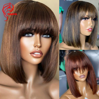 BOB CUT | 8-12 Inch | Highlights | Pixie | 180 Density | Straight Hair | Chocolate Brown with Ginger Honey Human Hair | - Elite Wigs