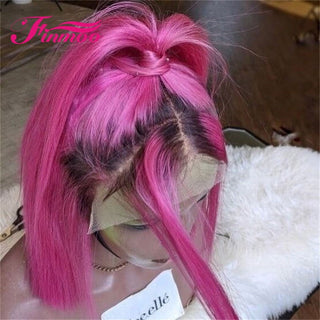 BOB CUT | 8-12 Inch | Ombre | 180 Density | Straight Hair | Fuchsia Pink & Dark Pink Roots Human Hair | - Elite Wigs