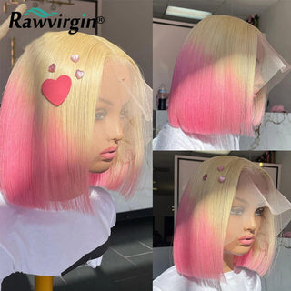 BOB CUT | 8-12 Inch | Ombre | 250 Density | Straight Hair | Blonde to Pink Human Hair | - Elite Wigs