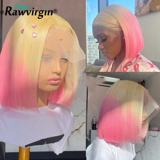 BOB CUT | 8-12 Inch | Ombre | 250 Density | Straight Hair | Blonde to Pink Human Hair | - Elite Wigs