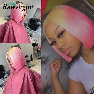 BOB CUT | 8-12 Inch | Ombre | 250 Density | Straight Hair | Blonde to Pink Human Hair | - Elite Wigs