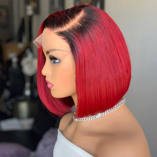 BOB CUT | 8-12 Inch | Ombre | 250 Density | Straight Hair | Hot Red with Black Roots Human Hair | - Elite Wigs