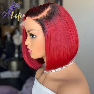 BOB CUT | 8-12 Inch | Ombre | 250 Density | Straight Hair | Hot Red with Black Roots Human Hair | - Elite Wigs