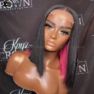 BOB CUT | 8-12 Inch | Peekaboo | 180 Density | Straight Hair | Black & Hot Ruby Pink Human Hair | - Elite Wigs