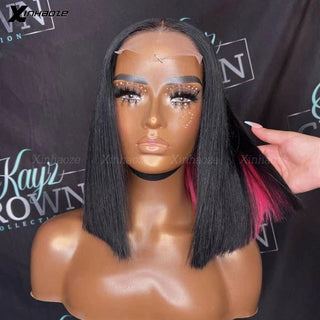 BOB CUT | 8-12 Inch | Peekaboo | 180 Density | Straight Hair | Black & Hot Ruby Pink Human Hair | - Elite Wigs