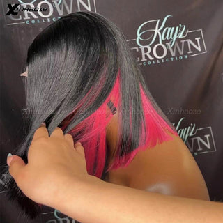 BOB CUT | 8-12 Inch | Peekaboo | 180 Density | Straight Hair | Black & Hot Ruby Pink Human Hair | - Elite Wigs