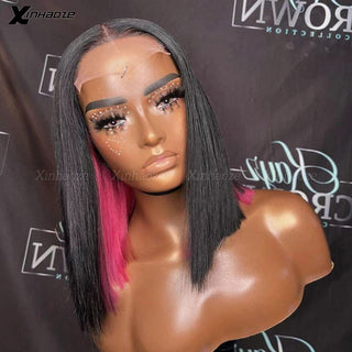 BOB CUT | 8-12 Inch | Peekaboo | 180 Density | Straight Hair | Black & Hot Ruby Pink Human Hair | - Elite Wigs