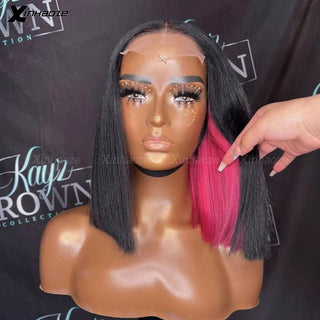 BOB CUT | 8-12 Inch | Peekaboo | 250 Density | Straight Hair | Black & Hot Ruby Pink Human Hair | - Elite Wigs