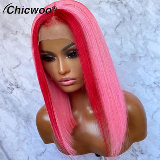 BOB CUT | 8-12 Inch | Single Highlight | 180 Density | Straight Hair | Light Pink & Red Human Hair | - Elite Wigs