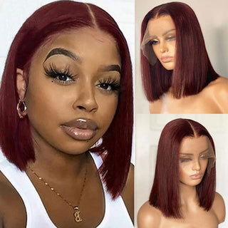 BOB CUT | 8-12 Inch | T-Part | 180 Density | Straight Hair | Burgundy Red Human Hair | - Elite Wigs