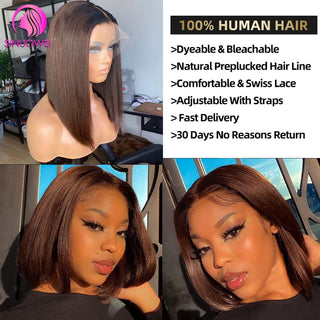 BOB CUT | 8-12 Inch | T-Part | 180 Density | Straight Hair | Dark Brown Human Hair | - Elite Wigs