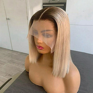 BOB CUT | 8-12 Inch | T-Part | Dark Roots | Ombre | 180 Density | Straight Hair | Golden Blonde Human Hair | - Elite Wigs