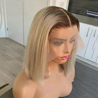 BOB CUT | 8-12 Inch | T-Part | Dark Roots | Ombre | 180 Density | Straight Hair | Golden Blonde Human Hair | - Elite Wigs