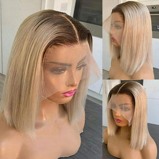 BOB CUT | 8-12 Inch | T-Part | Dark Roots | Ombre | 180 Density | Straight Hair | Golden Blonde Human Hair | - Elite Wigs
