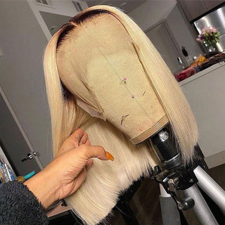 BOB CUT | 8-12 Inch | T-Part | Dark Roots | Ombre | 180 Density | Straight Hair | Golden Blonde Human Hair | - Elite Wigs