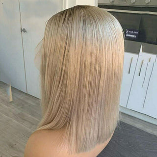 BOB CUT | 8-12 Inch | T-Part | Dark Roots | Ombre | 180 Density | Straight Hair | Golden Blonde Human Hair | - Elite Wigs