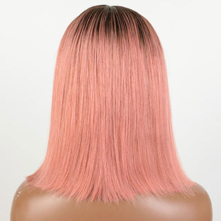 BOB CUT | 8-12 Inch | T-Part | Ombre | 180 Density | Straight Hair | Flamingo Pink & Brown Roots Human Hair | - Elite Wigs