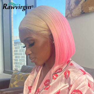 BOB CUT | 8-12 Inch | T-Part | Ombre | 250 Density | Straight Hair | Blonde to Pink Human Hair | - Elite Wigs