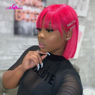 BOB CUT | 8-12 Inch | Wig with Bangs | 180 Density | Straight Hair | Hot Ruby Pink Human Hair | - Elite Wigs