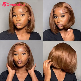 BOB CUT | 8-14 Inch | T-Part | 180 Density | Straight Hair | Chocolate Brown Human Hair | - Elite Wigs