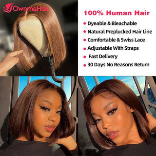 BOB CUT | 8-14 Inch | T-Part | 180 Density | Straight Hair | Chocolate Brown Human Hair | - Elite Wigs