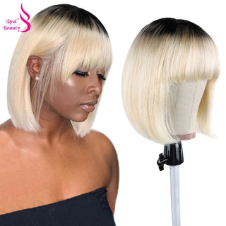 BOB CUT | 8-14 Inch | Wig with Bangs | Black Root | Ombre | 180 Density | Straight Hair | Platinum Blonde Human Hair | - Elite Wigs